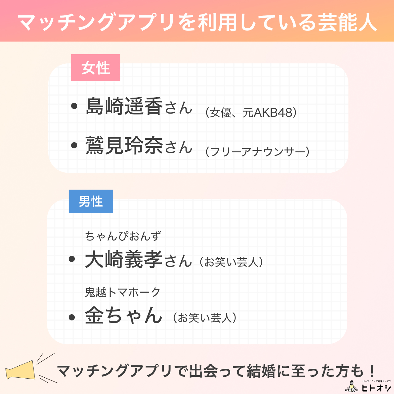 【一覧】マッチングアプリを利用している・利用経験のある芸能人
